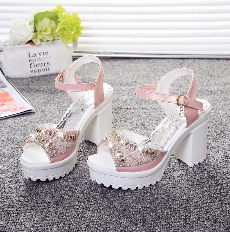 sommer neue strass fisch mund schuhe dicken boden schwamm kuchen wasserdichte plattform hoch Hacke dick mit sandalen frauen: Rosa / 35