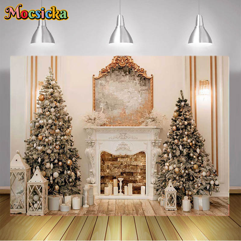 Winter Christmas Fireplace Background Christmas Tree Home Party Studio Xmas Photography Banner Supplies Photocall
