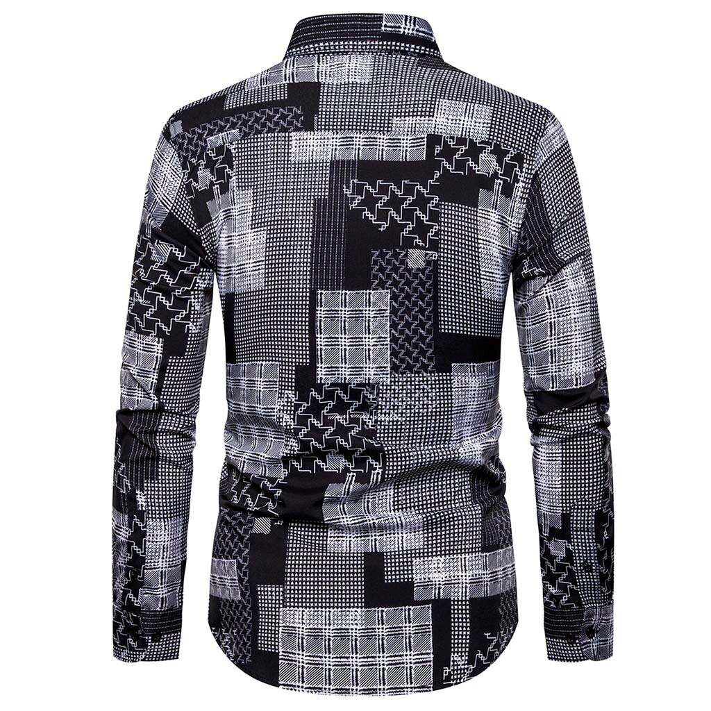 Ethnic Style Printing Casual Slim Fit Mens Long Sleeve Shirt Turn Down Collar Social Brand Social Men Club Prom Shirts Camisas