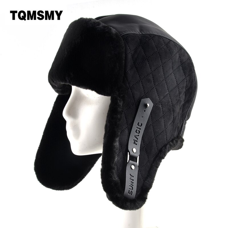 Imitation leather fabric ear flaps hat men ushanka snow keep warm caps unisex bomber hat women winter hats for men's cap bone