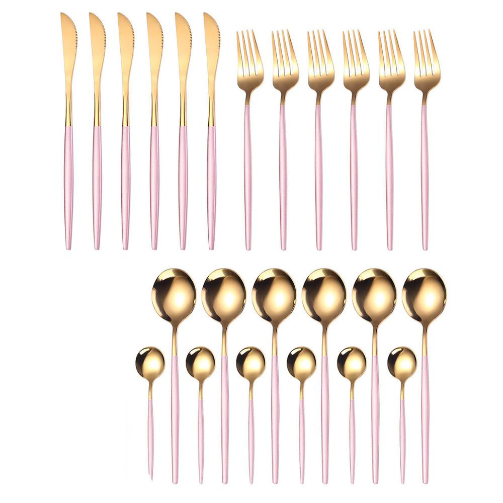 24Pcs Cutlery Set Kitchen Tools Gold Dinnerware Set Stainless Steel Knife Fork Spoon Tableware Set Home Table Decoration Gold: Pink Gold-24PCS