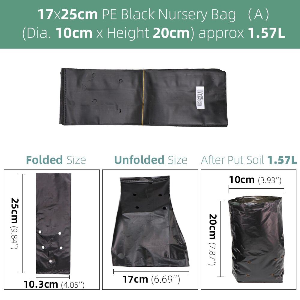 Bolsas de plástico de polietileno para vivero, macetas de cultivo de plantas de tela con agujeros transpirables para cultivo doméstico, suministros de jardinería, color negro, 100 piezas: Black 17x25cm