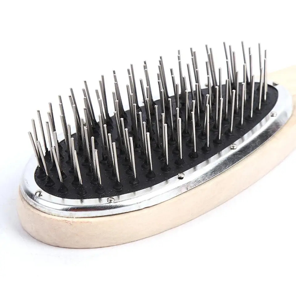 Houten handvat ontwarrende haarborstel Haarpruik Styling Stalen kammen Grove ronde kop Massageborstel Kapper Metalen kam