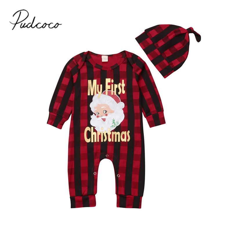 2018 Nova Marca Da Criança Do Bebê Dos Miúdos Meninas Meninos Outono Inverno Natal Romper + Chapéus 2 pcs Papai Noel Impressão Xadrez macacão de Manga longa