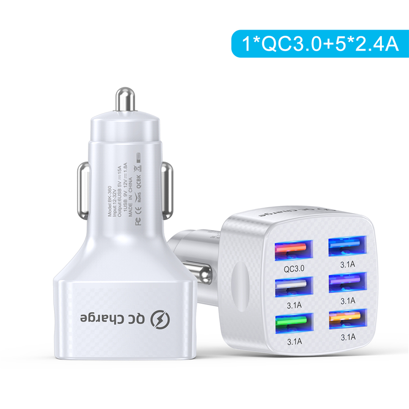 Lovebay Fast Charging Car Charger 75W 15A Multiple Ports Plug QC 3.0 Car Adapter USB LED Charger For Xiaomi Samsung Huawei Etc.: White