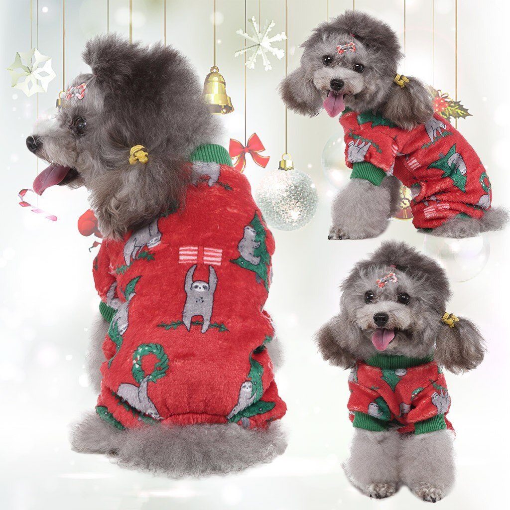 Bonito sloth natal desenhos animados imprimir vermelho cachorro macacão macio quente coral velo roupas para cães de estimação filhote de cachorro inverno vestuário 208