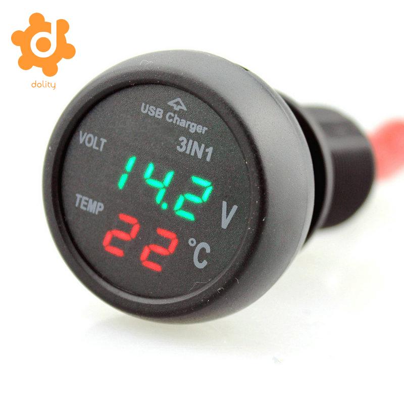 3in1 Auto 12V 24V Groene Led Digitale Voltmeter Thermometer Usb Charger Plastic Rood-Temperatuur Groen-Spanning