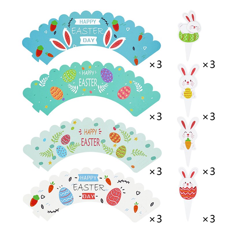 24pcs Happy Easter Cupcake Wrapper with Rabbit Cake Toppers Easter Party Bunny Egg Cake Baking Decoration Kids Birthday Party