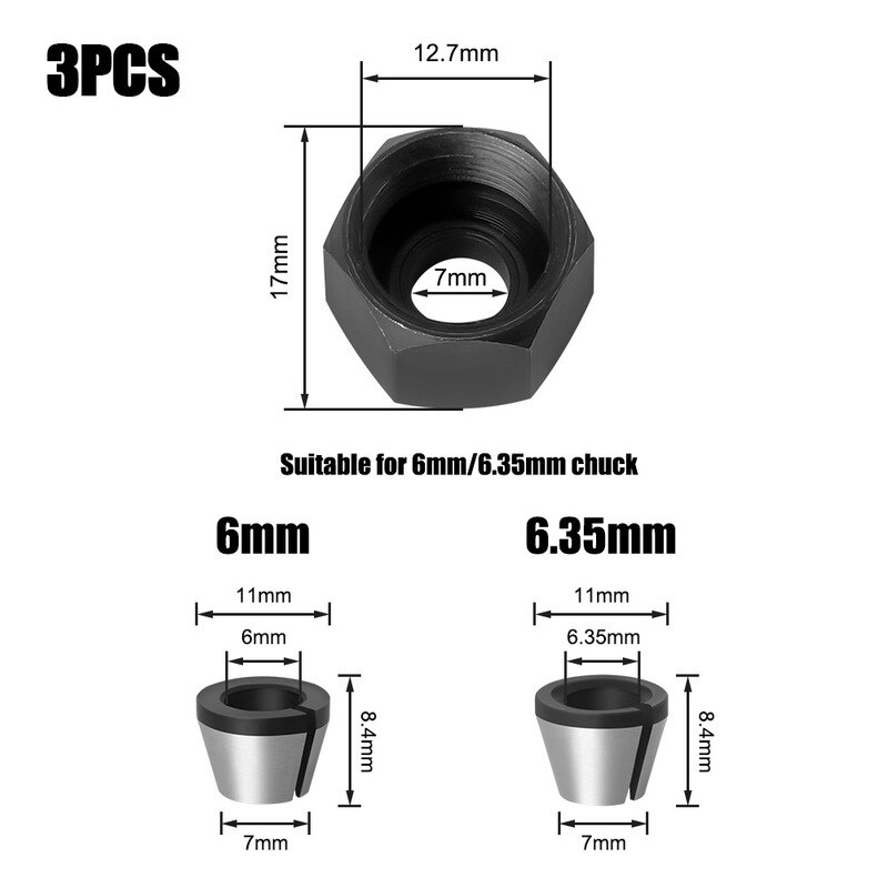 1 st 6mm 6.35mm 8mm fräs spännhylsa adapter gravyr trimmaskin chuckar trimmer fräs tillbehör verktyg: 3pc
