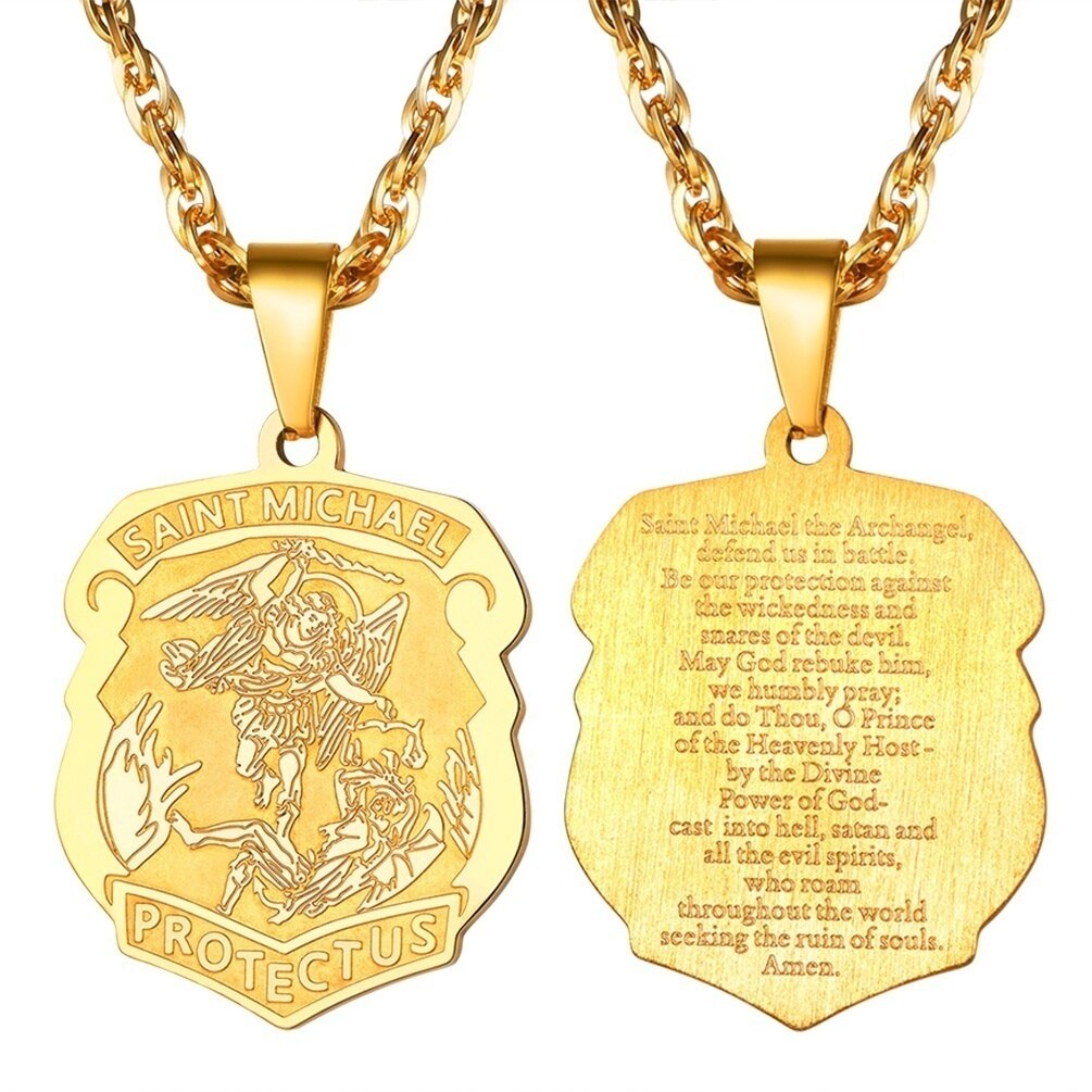 Estilo mitológico de alta qualidade metal saint michael o arcanjo pingente colar clássico católico religioso jóias: Ouro-cor