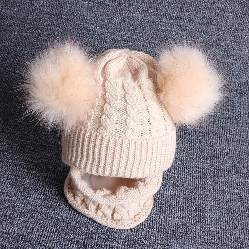 2 stuks/set winter baby muts sjaal schattige dubbele pompon mutsen sjaals gebreide warme baby jongen meisje muts o ring sjaal: 1-3 jaar beige