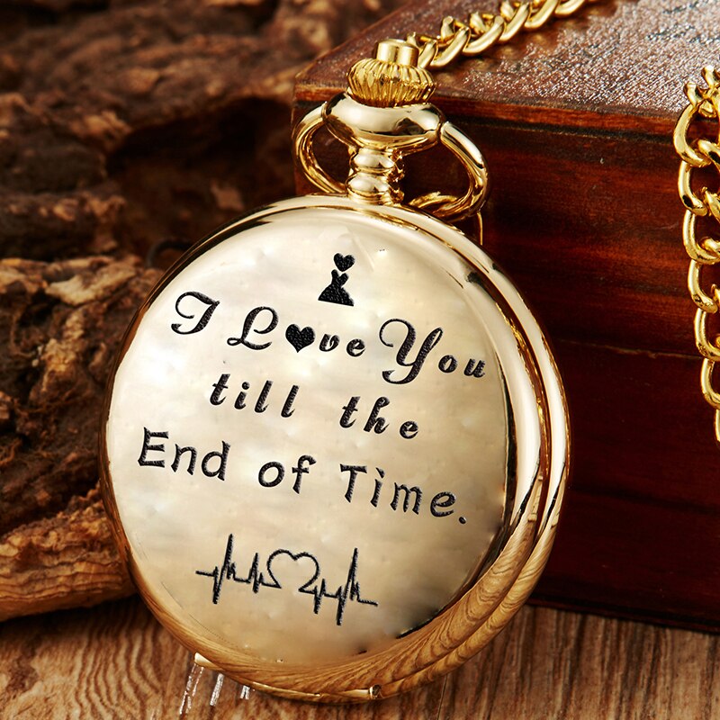 Reloj de bolsillo de cuarzo, de aniversario, reloj de bolsillo grabado I LOVE YOU con colgantes con collar de cadena, reloj de: gold
