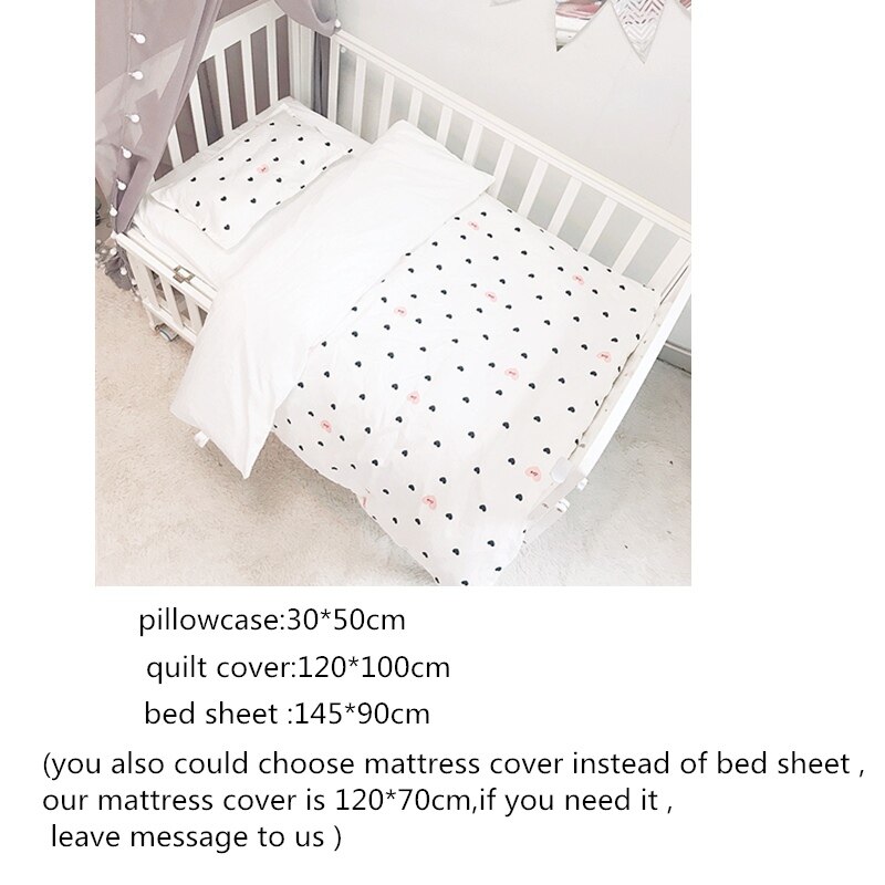 3pcs/set All Cotton Baby Bedding Set Newborns Crib Bedding Baby Boys Girls Bed Linens Kit Quilt Cover Fitted Sheet Pillowcase: hearts