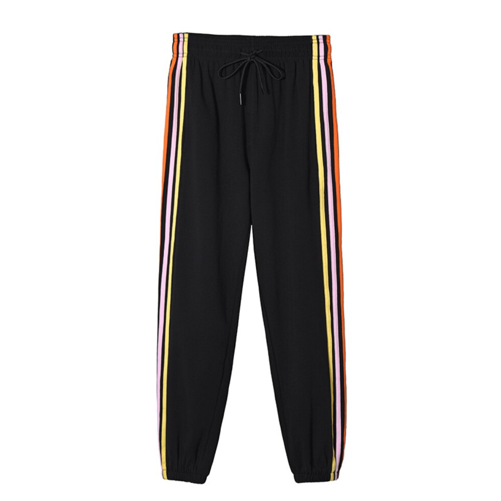 Baumwolle Jogginghose Frauen Regenbogen Seite Streifen Jogger Frauen Sport Hosen Joggen Sport Laufschuhe Joggings Freizeit Hosen X2059: Schwarz / XL