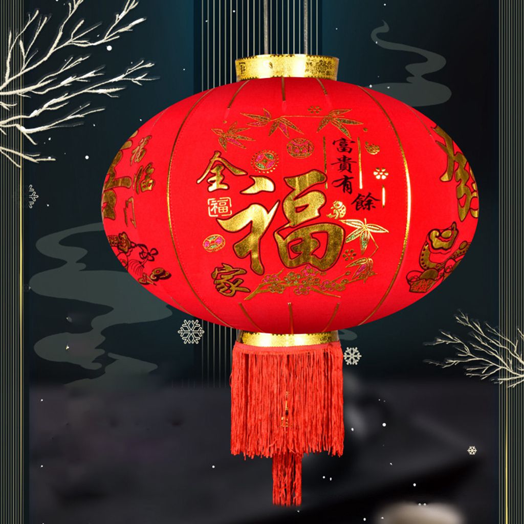 Farol de tela flocado rojo de 38cm de diámetro para exteriores, decoración de Festival de Primavera china, farol de Navidad para decoración del hogar