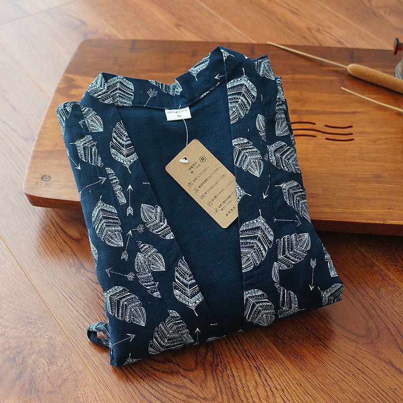 Heren Katoen Linnen Kimono Badjas Gown Haori Lente Herfst Losse Ongedwongen Nachtkleding Lange Kimono Vest Yukata Thuis Kleren: Navy Blue / L