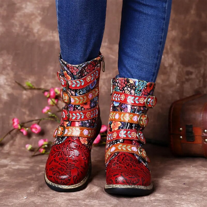 ¡Novedad de ! Botas de Mujer Socofy con estampado Retro de hebilla de Metal, Botines de piel sintética con cremallera, botas de plataforma para Mujer