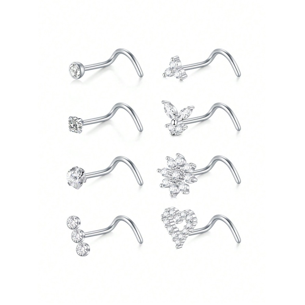 8Pcs/Set Nose Studs Rings For Women 18G 20G Corkscrew L Shaped Nose Screw Studs Nose Rings Studs Surgical Steel Nostril Nose Pie: Pure Gold Color