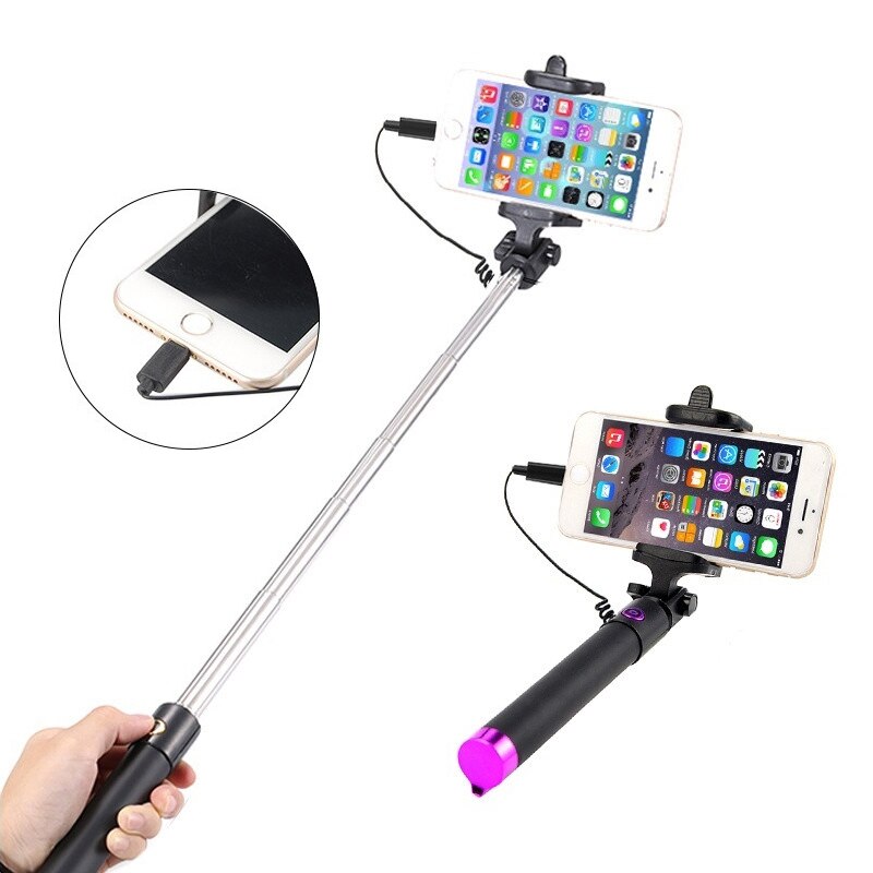 For iPhone 12 Mini 11 Pro Max SE 7 8 + XS XR X Selfie Stick Selfiestick Palo Selfi Stik Extensible Photo Stick Wired Handy