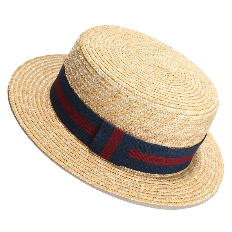 Sun Hats Natural Wheat Straw Boater Top Hat Women Summer Beach Flat Brim Cap Bowknot Ribbon for Sombreros De Sol