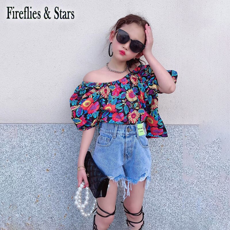 Blusa de verano para niñas, Camisa larga para bebés, vestido para niños, ropa con estampado Floral para el sol, sin hombros, manga abombada de 1 a 7 años: 5 años