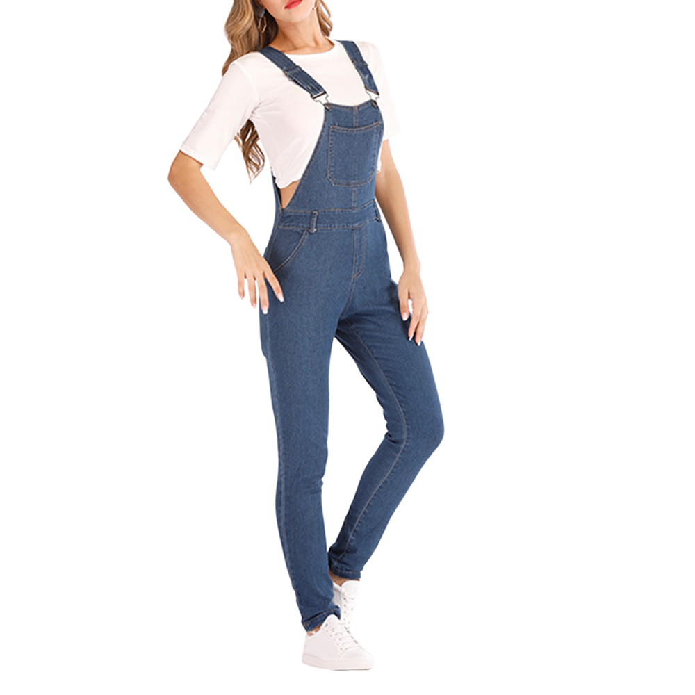 Dame blå denim overalls jumpsuit rompers bæltehul hul lomme til kvinder afslappede kvindelige bukser