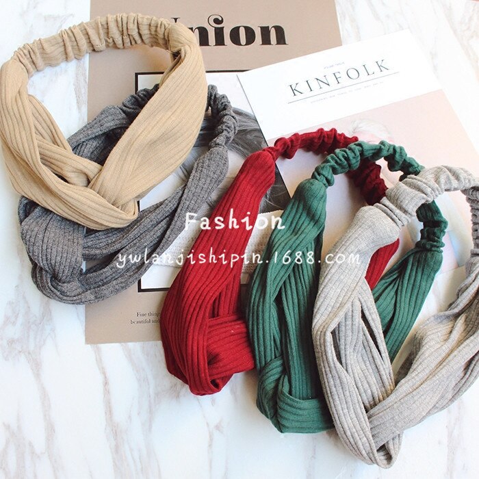 South Korea Knot Knit Pure Cotton Cross Autumn And Winter Hair Band Style Collocation Wide Elastic Headband Head Accessories