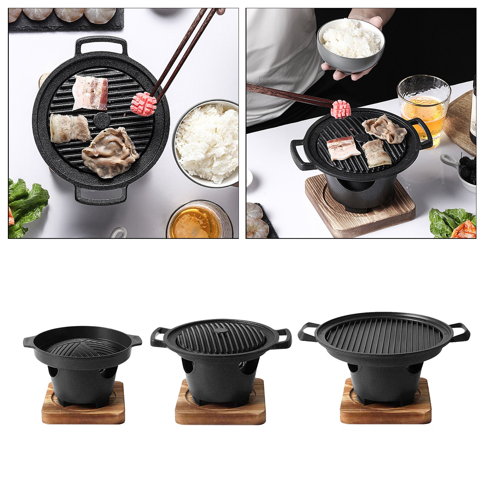 Yakiniku Mini BBQ Grill w/ Wood Base Tabletop Alcohol Stove Household Barbecue Grill Plate Hibachi Grill Pot