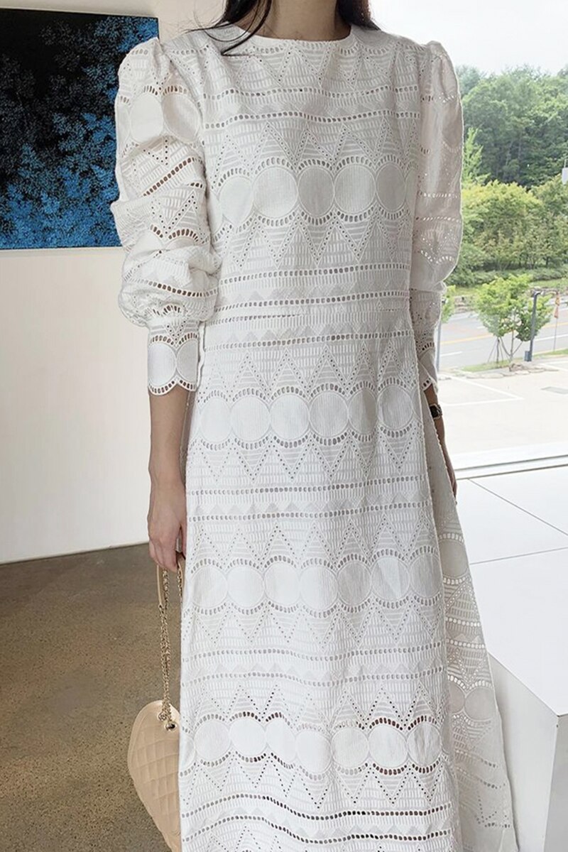 SuperAen francuski styl dworski O szyi koronki drążą stałe talii bufiaste rękawy połowy łydki sukienki dla kobiet