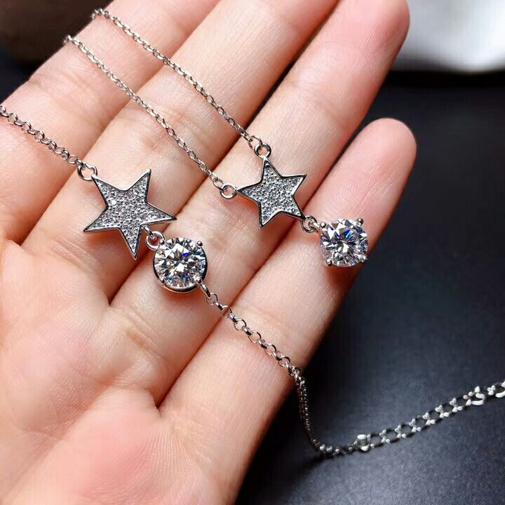 MeiBaPJ 1 carato D colore Reale Moissanite Del diamante 5 Stelle Insieme Dei Monili 925 D'argento del Braccialetto Della Collana Dei Monili di Cerimonia Nuziale per Le Donne