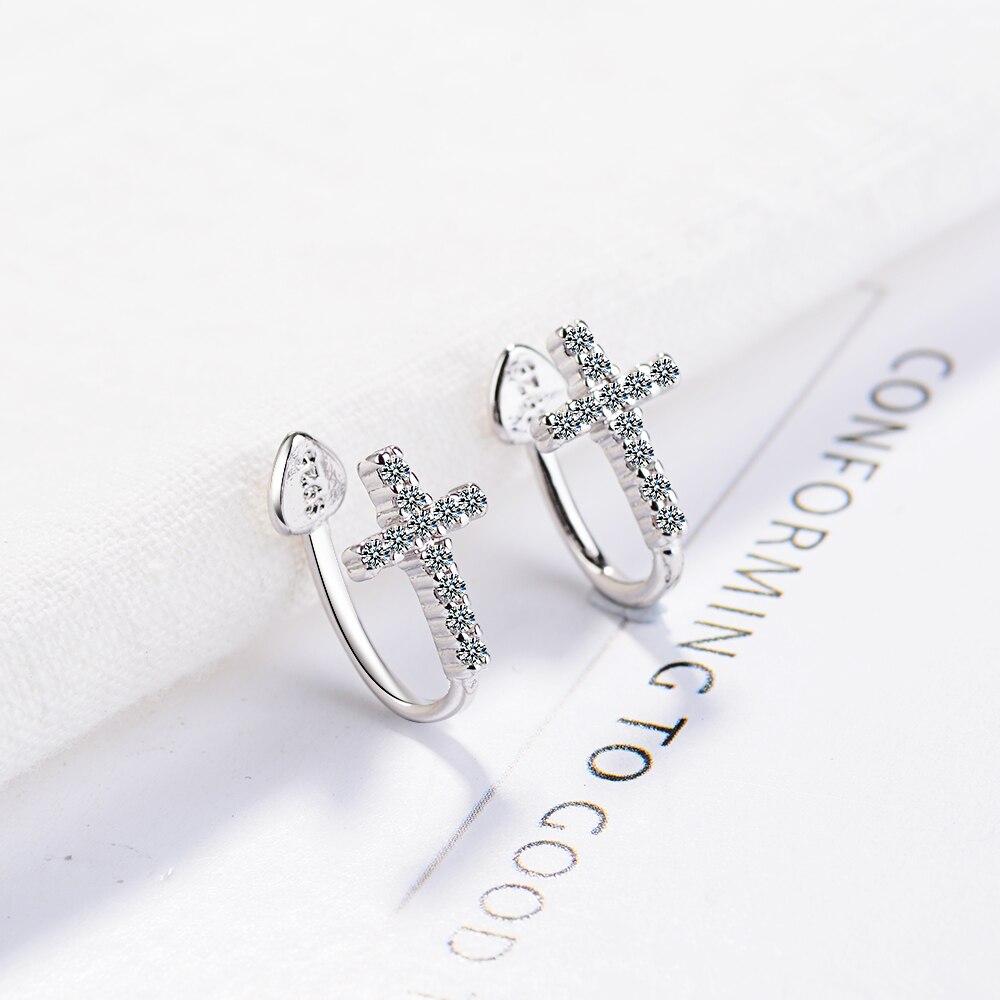 Anenjery Micro CZ Cross Clip Earrings For Women Girl 925 Sterling Silver Earrings boucle d'oreille S-E608