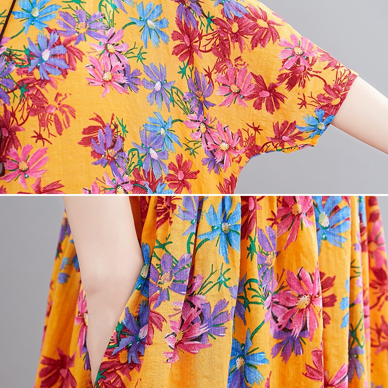 DIMANAF Summer Plus Size Women Dress Print Floral Female Vestidos Sundress Beach Style Loose Pleated Lady Long Dress 5XL