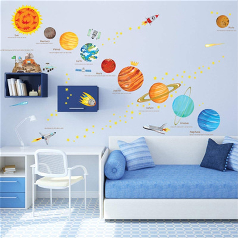 Cartoon Solar System Wall Stickers For Kids Rooms Home Decor Outer Space Planets Wall Decals Boy Baby Room Decorative Stickers