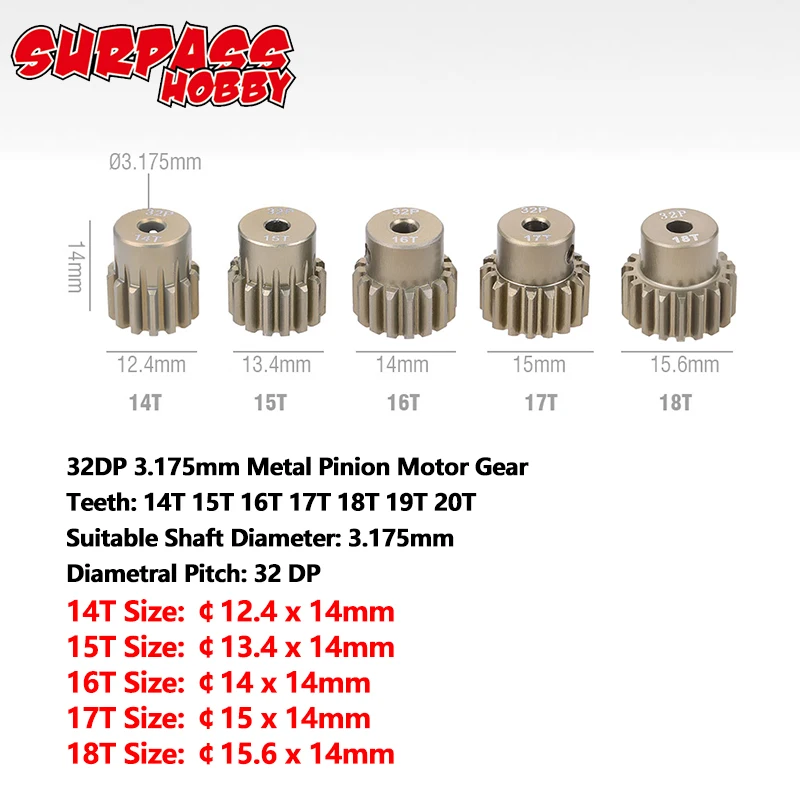 SURPASS HOBBY 5PCS 32DP 48DP 64DP M0.6 M0.8 Motor Gear Metal Pinion 12T-50T for 1/10 1/12 RC Car 3.175mm Shaft Motor 540 3650: Yellow
