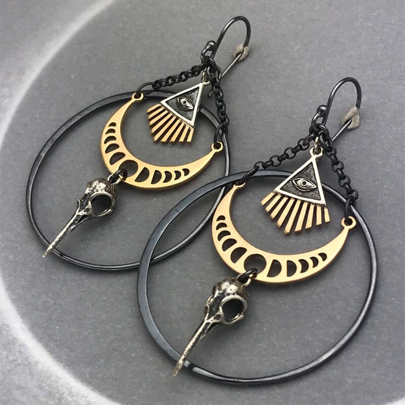 Exaggerated Moon Crow Skull Earrings Stars and Moon Bohemian Healing Celestial Witchy Metaphysical Jewelry