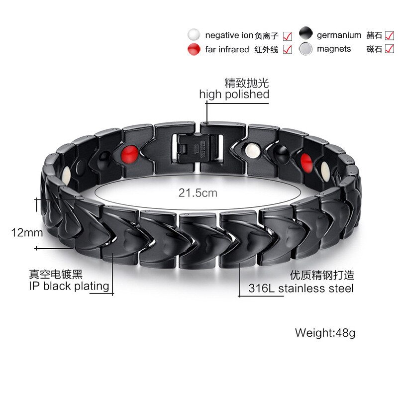 ZORCVENS-Bracelet en acier inoxydable pour hommes, chaîne de santé magnétique pour hommes, bijoux noir, , Bracelet à breloques