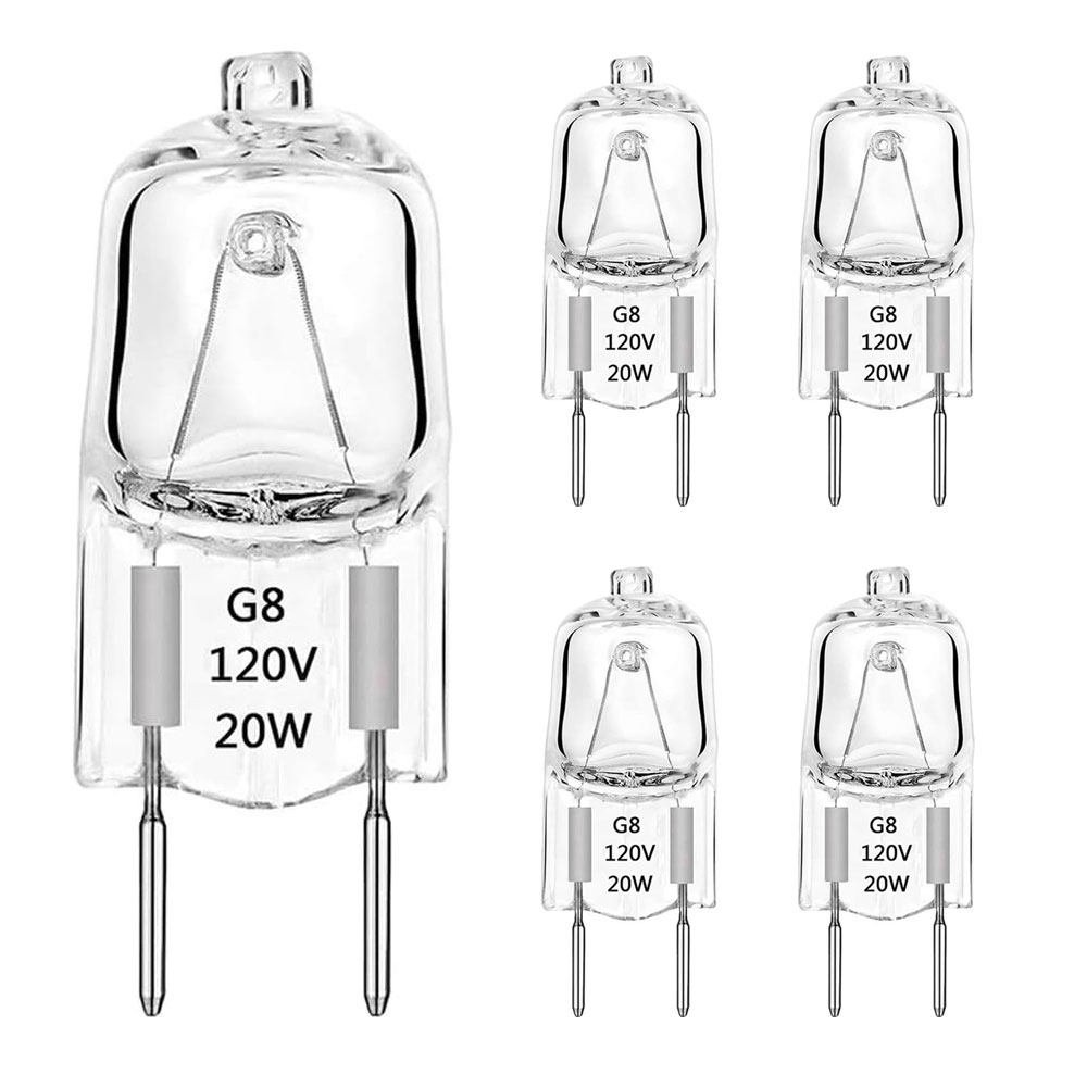 5- stk.  g8 halogenpærer 20w 35w 50w 2 dimbare 120v g8 sokkel 2- pinner xenonpære  t4 stk. jcd-type varm hvit pucklampe til underskap