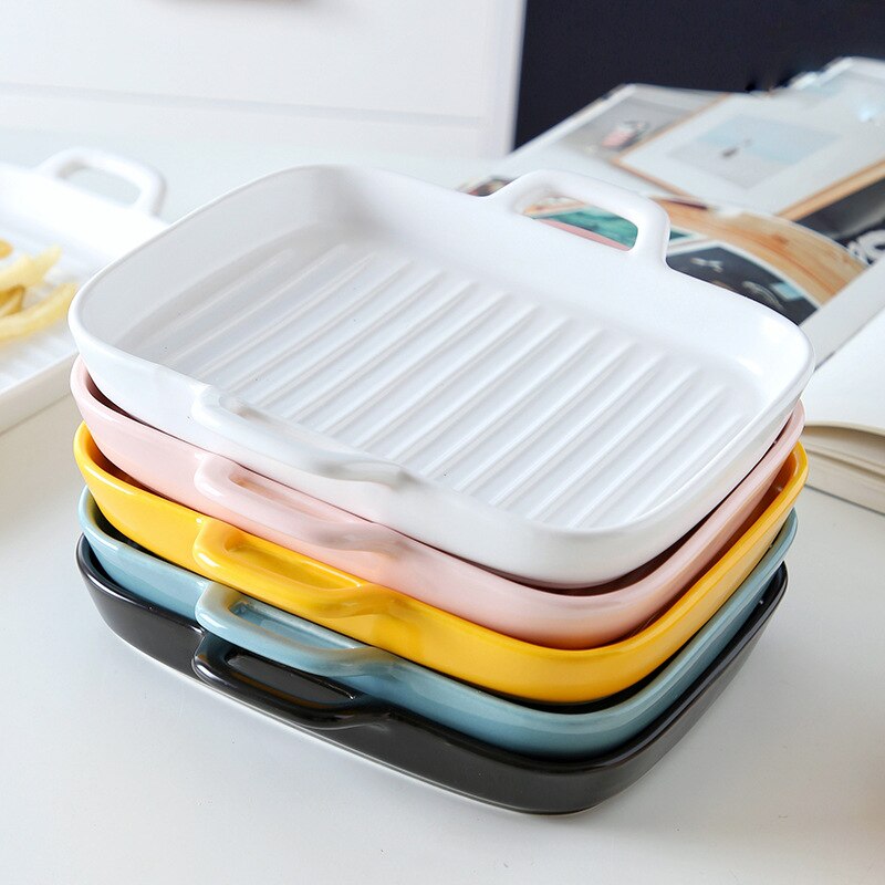 Nordic Solid Rectangle Ceramic Dinner Plate Double Ears Heat Resistant Porcelain Cheese Baking Plate Steak Sushi Fruit Tray