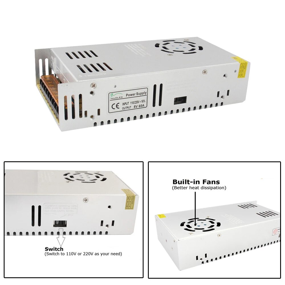 MJJCLED Power Supply 5V 3A 5A 10A 110V 220V AC to DC 5 Volt Lighting Transformers 20A 30A 40A 60A LED Strip Light Power Suply