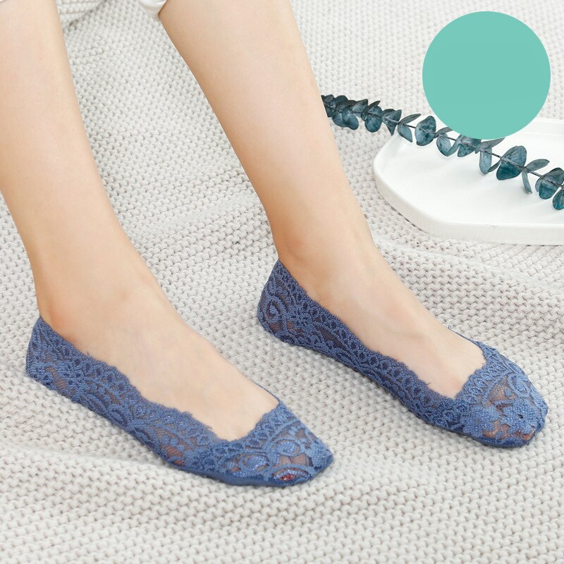 Women Solid Color Socks Lace Invisible Perspective Socks Summer Thin Breathable Socks For Female Silicone Non-slip Lining Socks: Blue