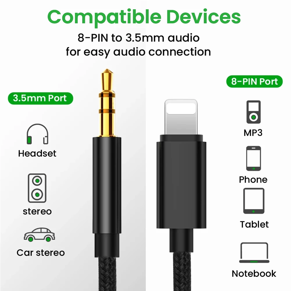 3.5mm- jack aux-kabel til ios 11 12 8 -pinner til aux 3.5mm hodetelefonadapter lydkabelkontakt splitter til iphone bilhøyttaler
