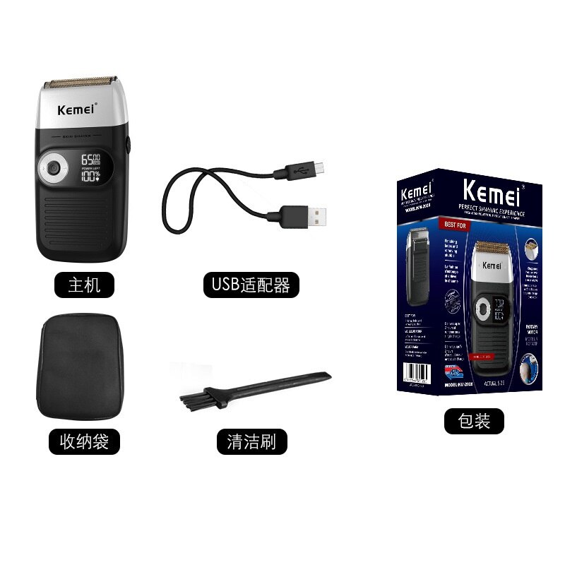 Kemei-Afeitadora eléctrica inalámbrica de doble hoja para hombre, afeitadora recargable por USB, resistente al agua, para barbero: black With box