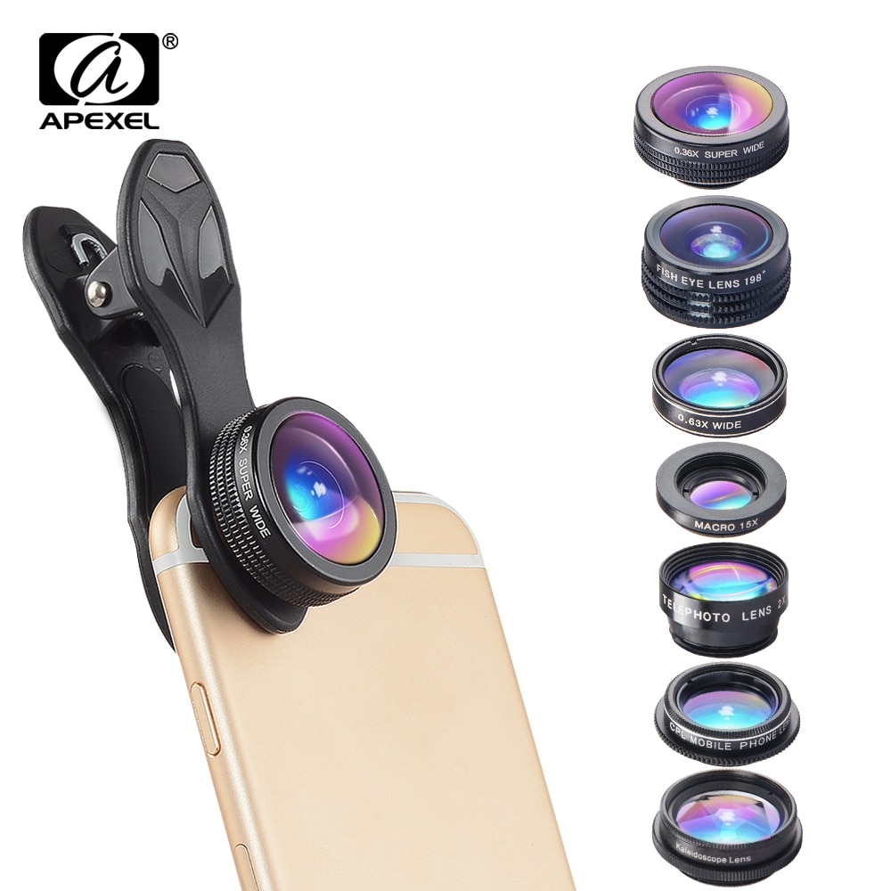 APEXEL 7 in 1 Kit Lens Voor Telefoon Fish eye lens Groothoek macro Lens CPL Caleidoscoop zoom Lens voor iPhone samsung xiaomi Telefoon