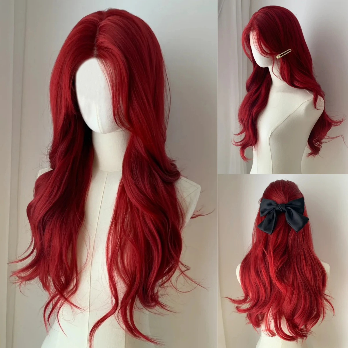 wine red Wave synthetic wig Long body wave red natural wig middle part of Cosplay Halloween smooth fiber wig for women: #8