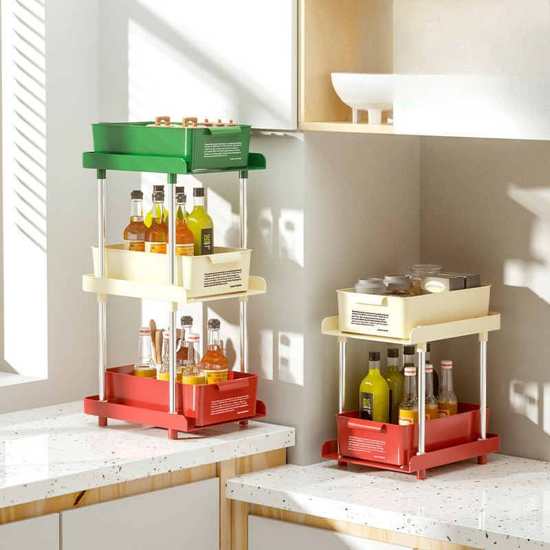 2/3tiers Pull-out Storage Shelves Desktop Storage Shelves Countertop Spice Sorting Racks Household Multi-functional Shelves