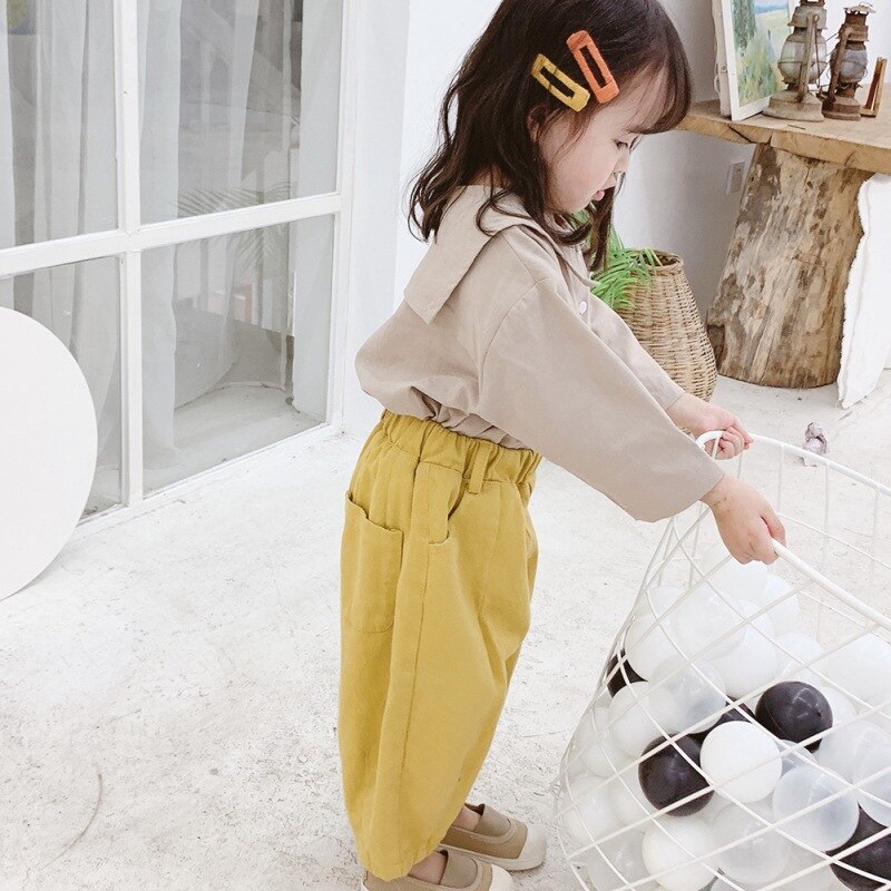 Pantalon en coton et lin pour bébé fille et garçon, ample, décontracté, avec poche, couleur unie, jaune