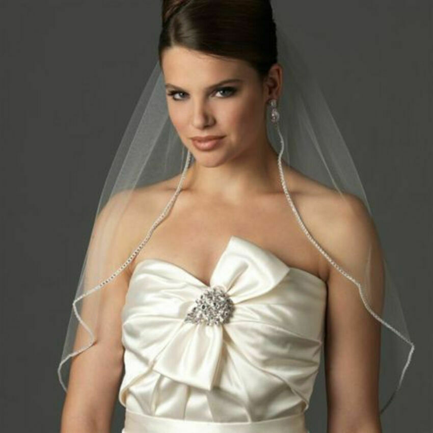 1T white/ivory Wedding Veils Elbow Length Rhinestone Edge Bridal Veil With Comb