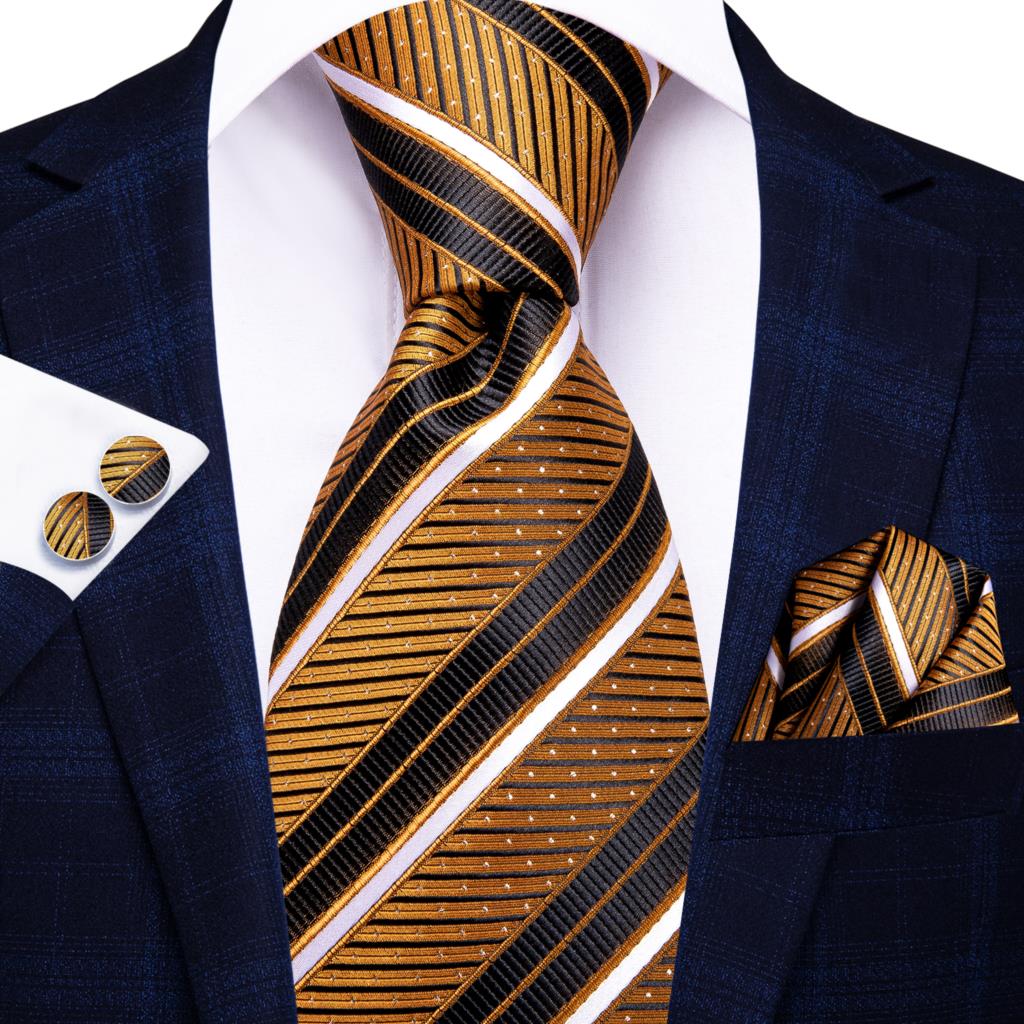 Hi-Tie-corbata de seda a rayas para hombre, corbata de boda a rayas de color naranja o dorado, pañuelo, para de negocios: SN-3334
