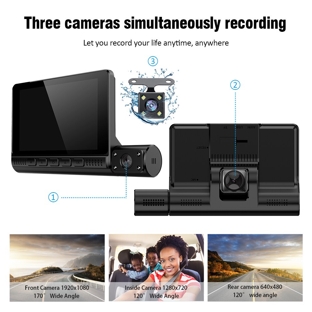3 caméras de tableau de bord DVR pour voiture, 4 pouces, double objectif, écran tactile Full HD 1080P avec Vision nocturne, enregistreur Dvr à infrarouge
