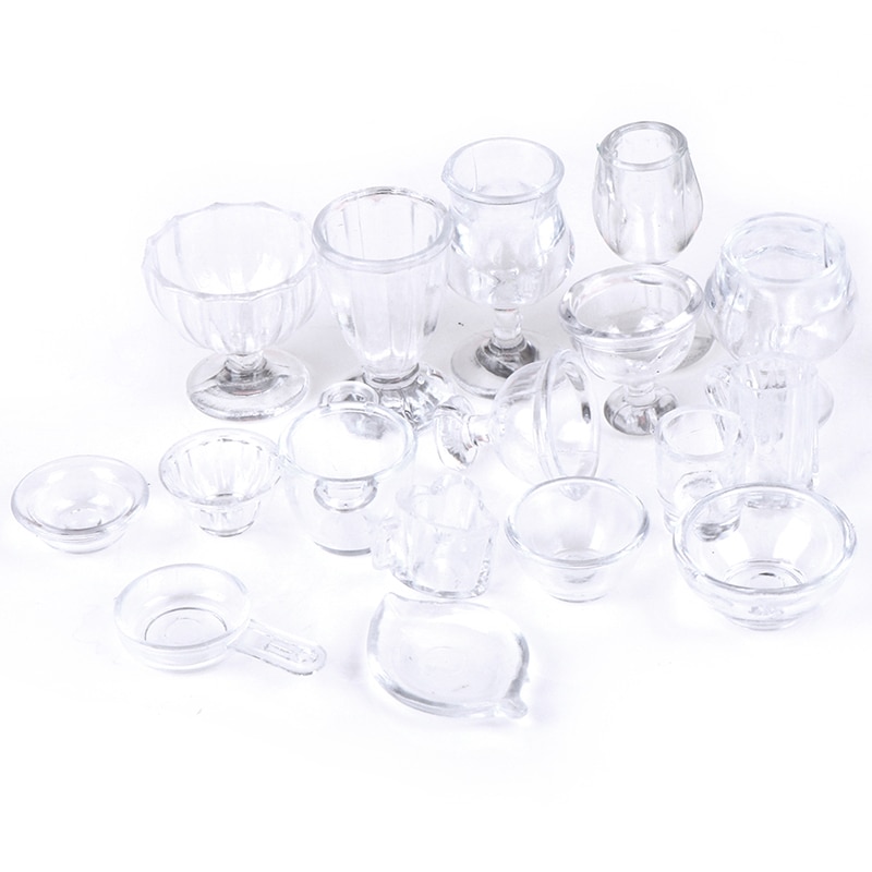 17Pcs/Set Mini Transparent Kitchenware Toy Drink Cups Dish Plate Tableware Miniatures DIY Pretend Play